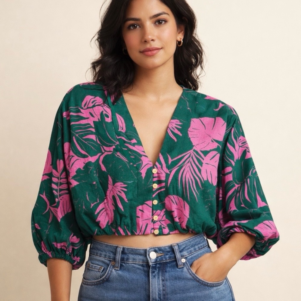 Maison d'Amelie Paris cropped green & pink tropical linen blend top, size small